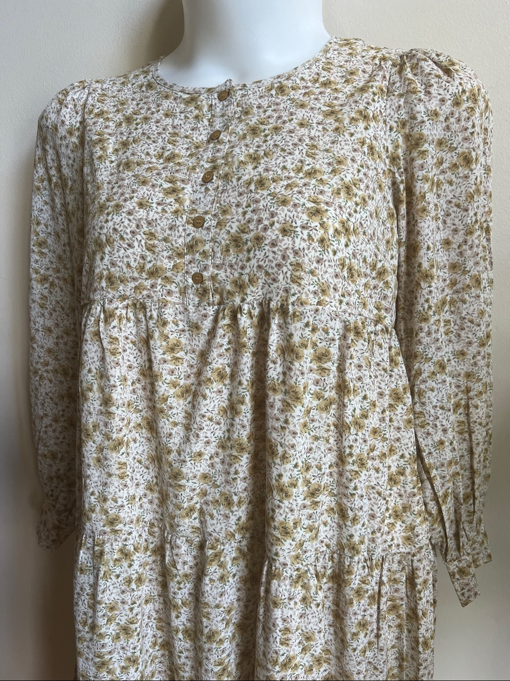 in loom Tiered Yellow Floral Maxi Dress with Button Yoke balloon sleeve cottage - Picture 8 of 8